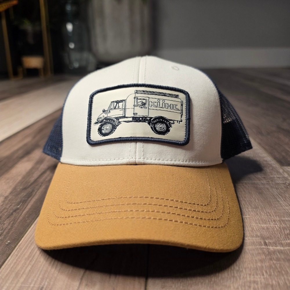 Kuhl Trucker Hat Mens OSFA Navy Cream Mustard Excellent Expedition Patch